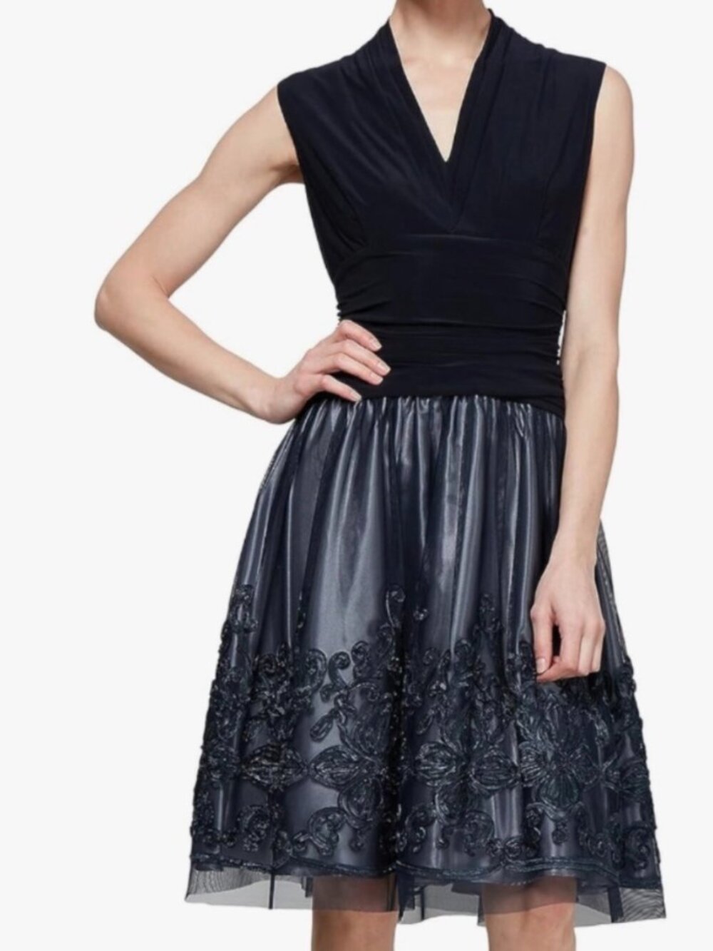 SLNY Sleeveless V-Neck Embroidered Lace Dress